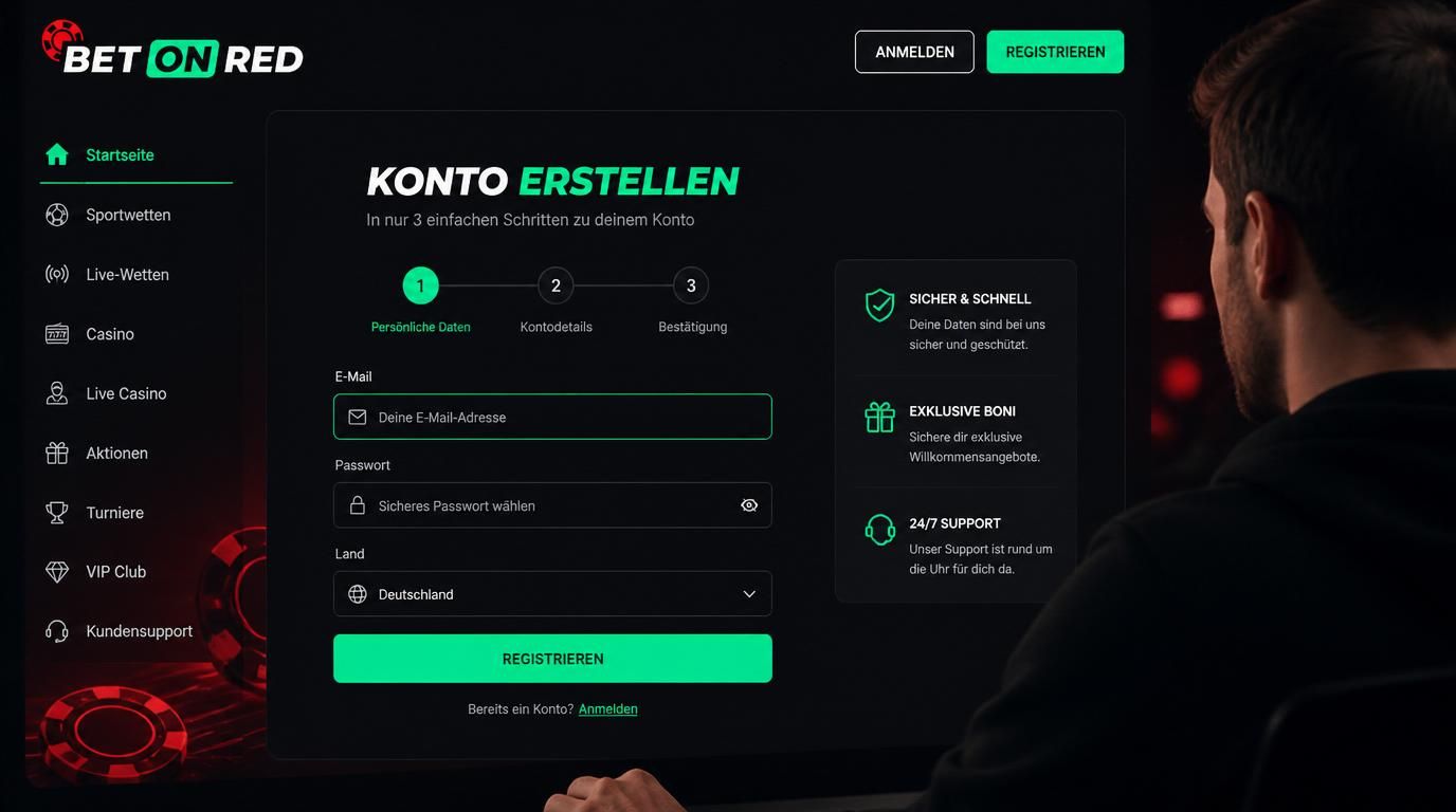 Registrierungsformular auf BetOnRed mit E-Mail, Passwort und Land