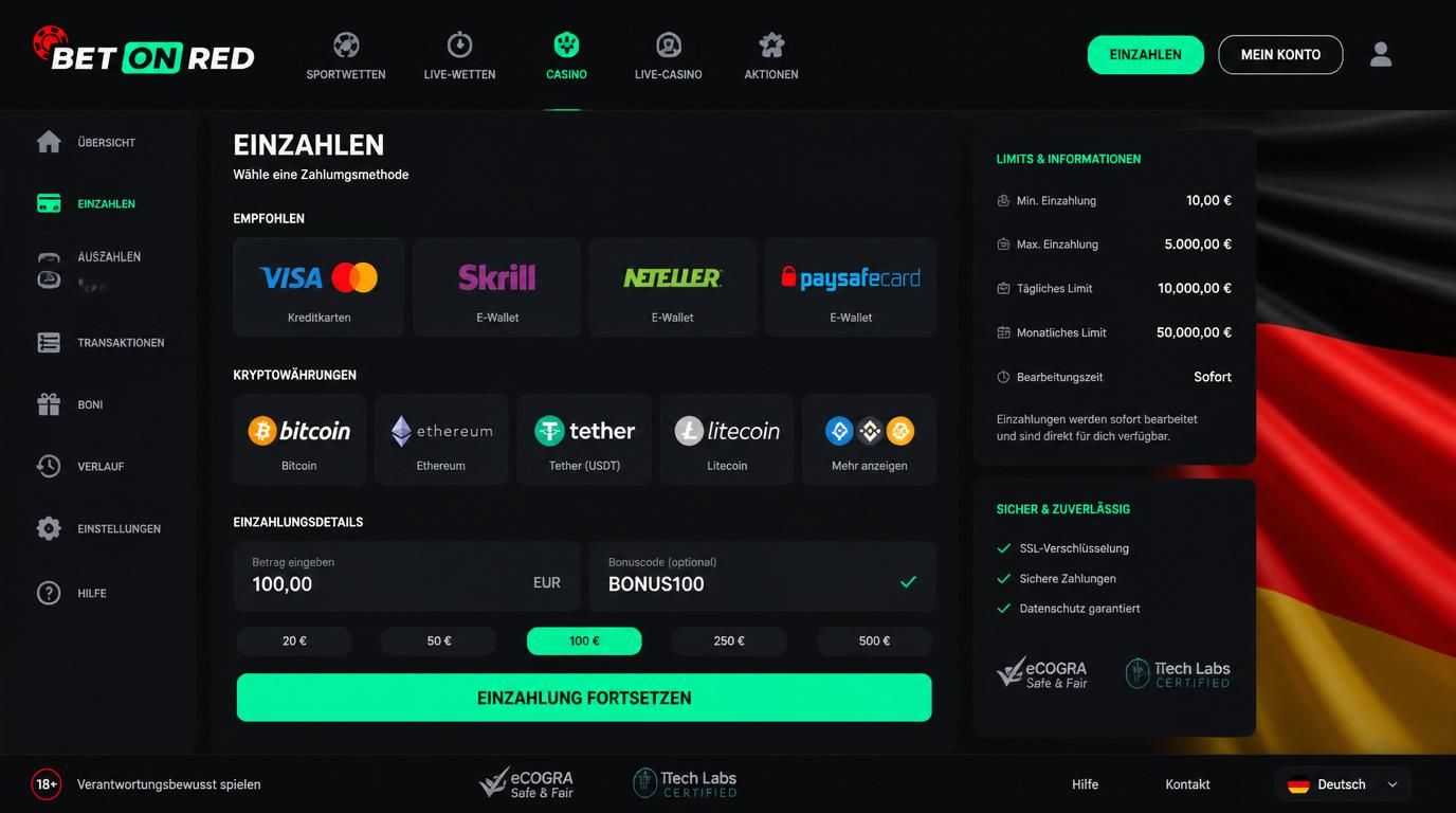 Einzahlungsoptionen mit Karten, Wallets und Krypto im Einzahlungsmenü