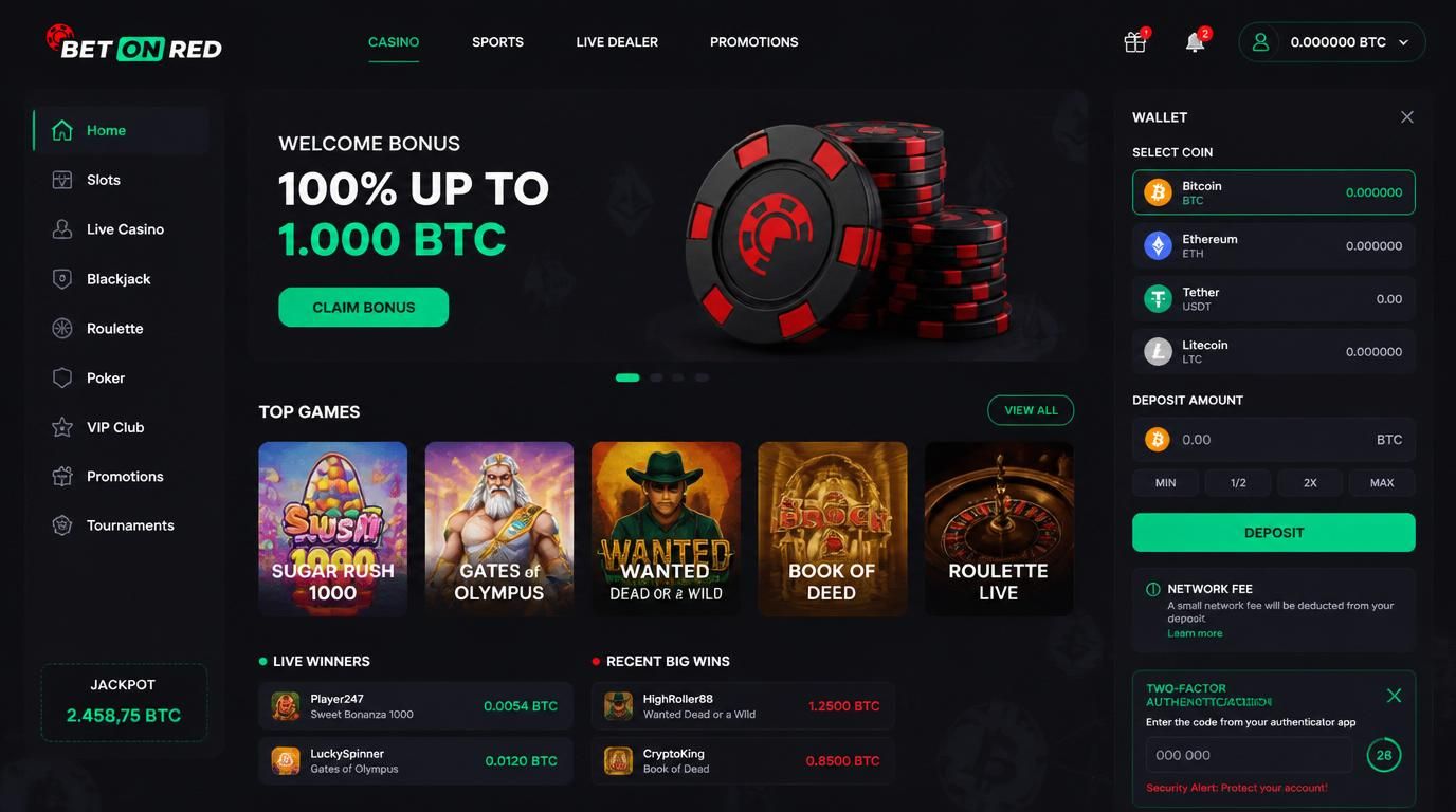 Krypto-Einzahlungsbildschirm mit Coin-Auswahl und Netzwerkinformationen