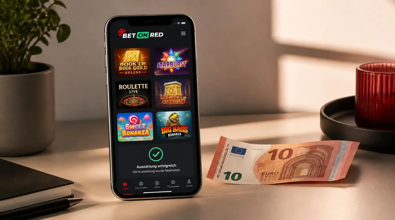 Smartphone mit Casino-Spielauswahl neben einer 10-Euro-Banknote und einem Auszahlungssymbol