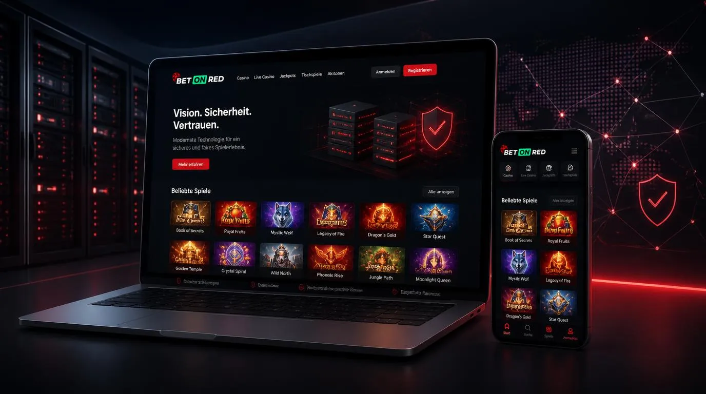 Casino-Oberfläche auf Laptop und Smartphone vor einer stilisierten technischen Infrastruktur