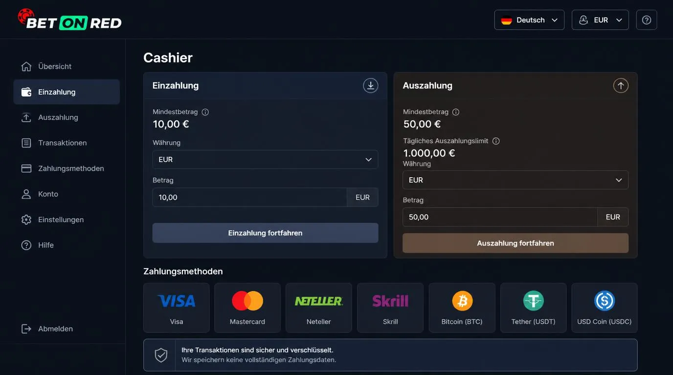 Casino-Kasse mit Karten, E-Wallets und Kryptowährungen sowie Beträgen für Ein- und Auszahlungen