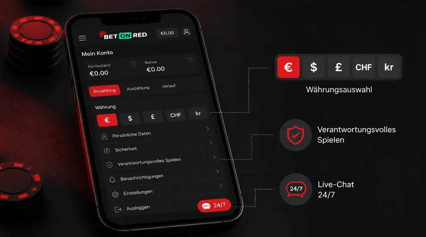 Smartphone mit Kontowährungen, Spielkontrolle und Live-Chat auf einer Casino-Oberfläche