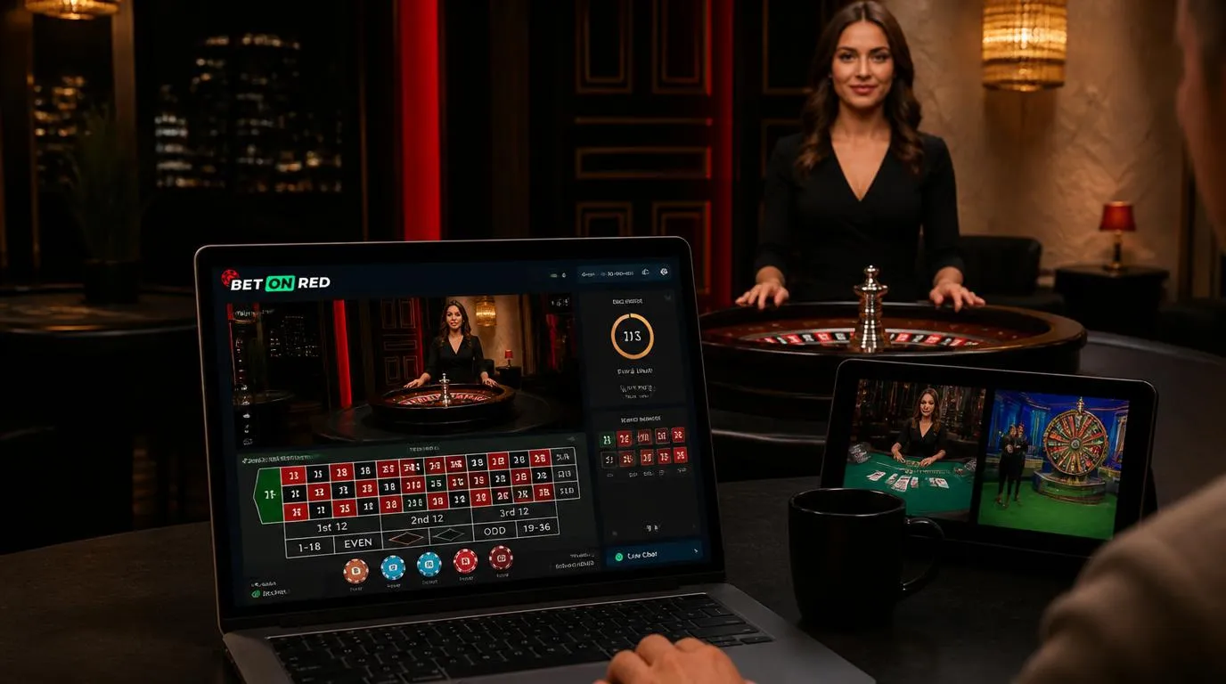 Live-Casino-Studio mit Dealer am Roulette-Tisch und gut sichtbarer digitaler Setzfläche